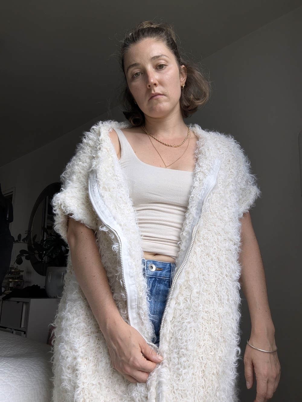 Michael Kors White Curly Mohair Oversized Jacket, Sweater Or Mini Dress